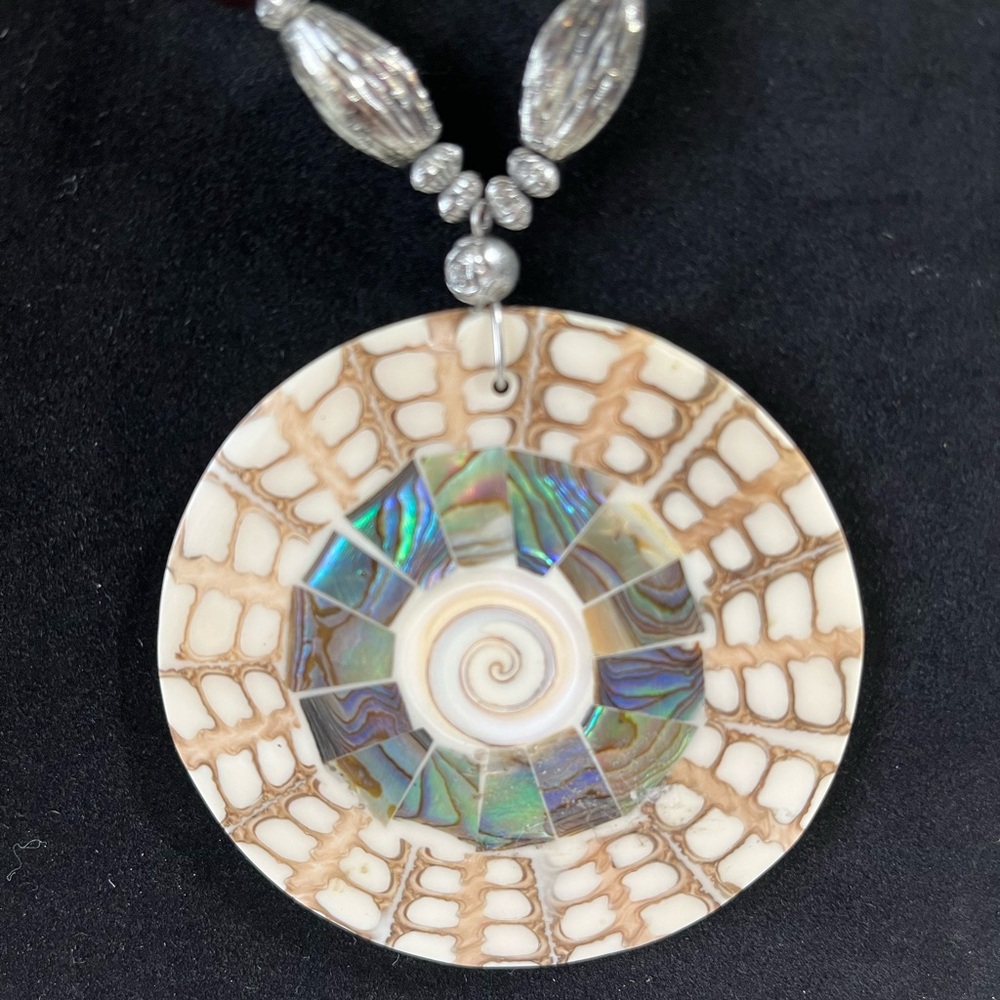 Boho Statement Shell Mosaic abalone & mother of pearl Necklace on a twisted cord - Picture 2 of 7